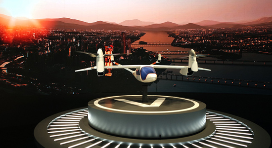 A model of the air taxi The Butterfly, jointly developed by Hanwha Systems and Overair, flying over Seoul at dusk