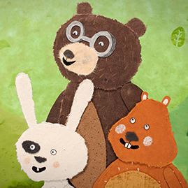 Hand-animated characters Thierry the Rabbit, Beaver, and Bear from Hanwha’s short film on sustainability, “What Color for Tomorrow?”, look at the clear sky above their green forest home