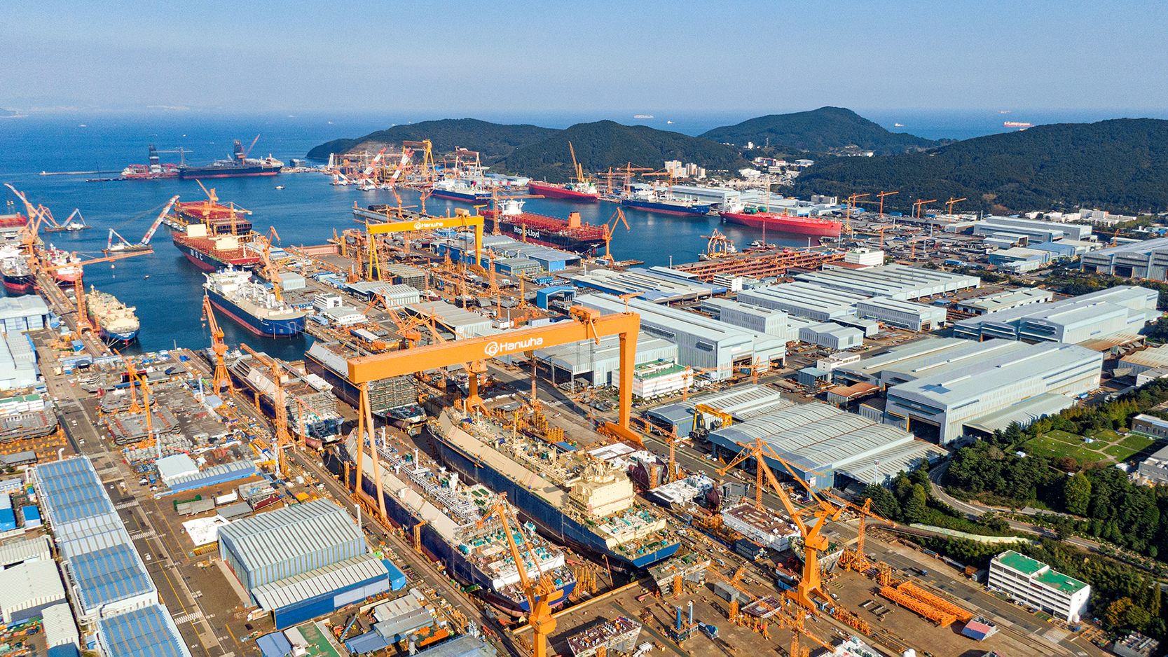 Work is underway at Hanwha’s Geoje shipyard, on Korea’s southeastern coast.