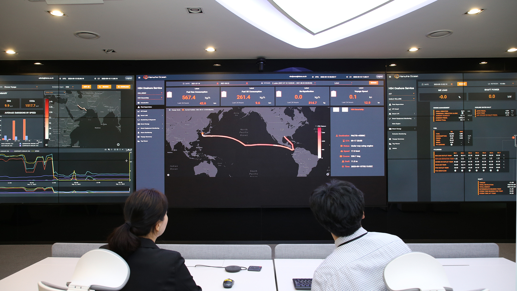 Two people look at a monitor at the Hanwha SmartShip Solution & Service (HS4) land control center at the Siheung R&D center.
