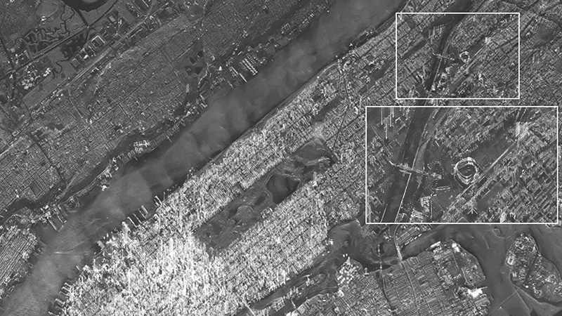 A small SAR satellite image released by Hanwha Systems shows the Yankee Stadium, home of Major League Baseball’s New York Yankees