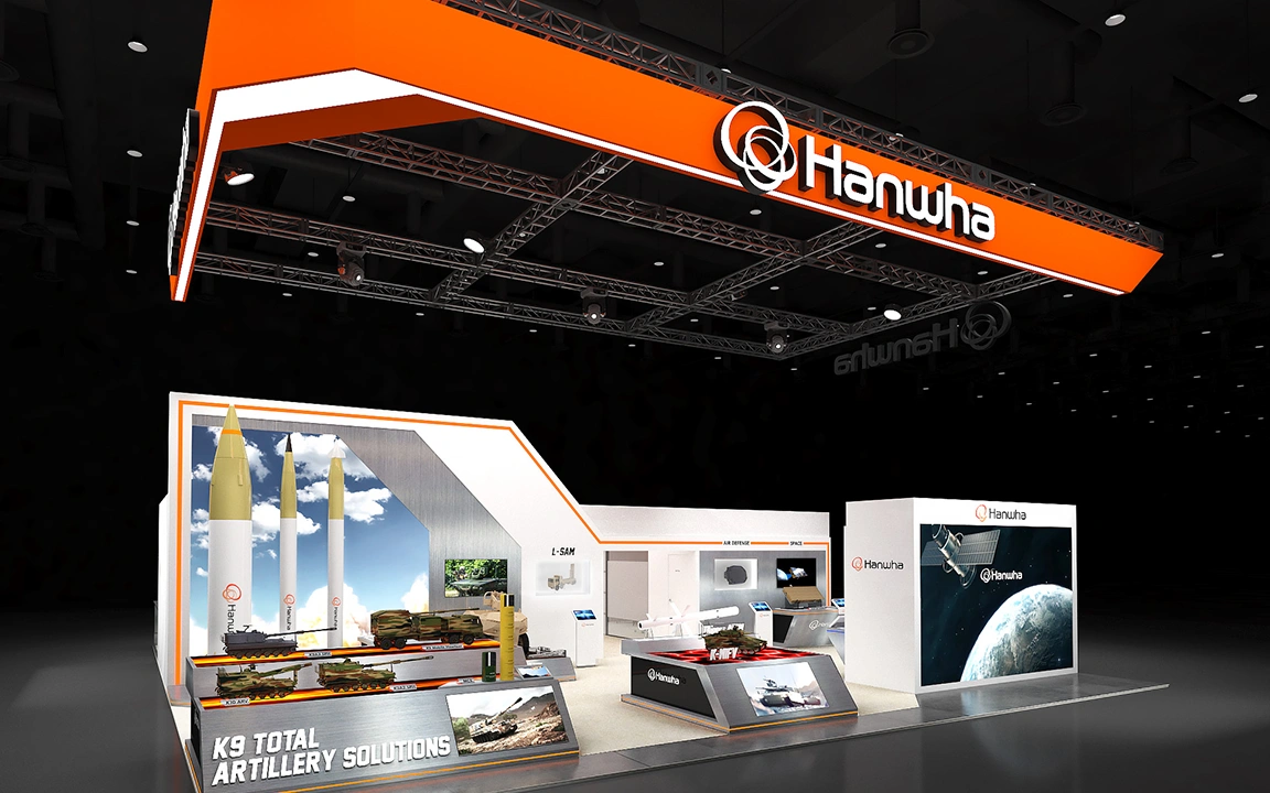 A wide view of the Hanwha booth at DSEI 2025