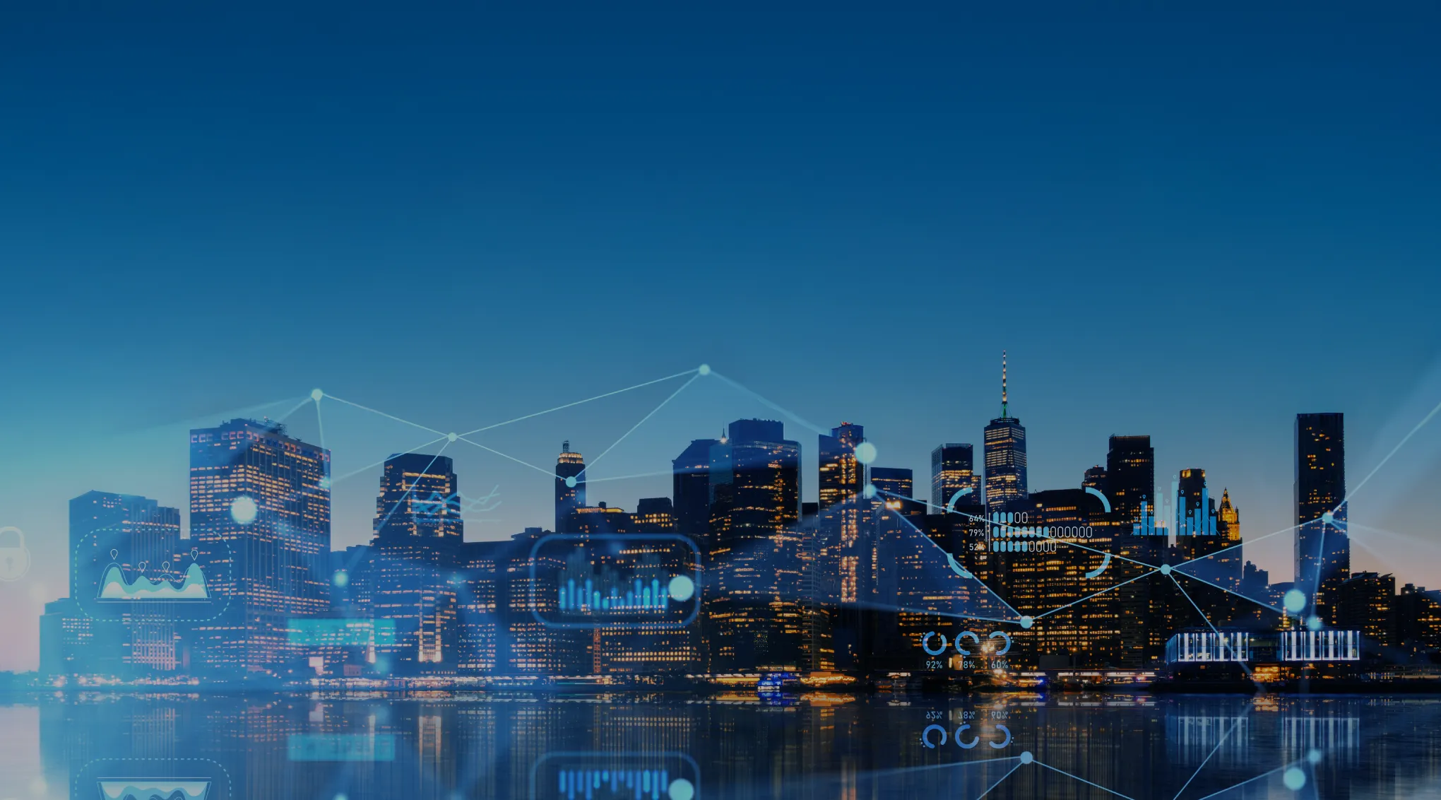 City skyline with connected digital icons illustrating data networks, smart infrastructure, and intelligent urban systems.