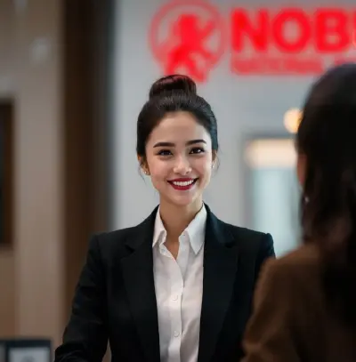Bank representative smiling while assisting a customer at a Nobu Bank branch in Indonesia