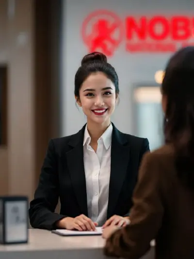 Bank representative smiling while assisting a customer at a Nobu Bank branch in Indonesia