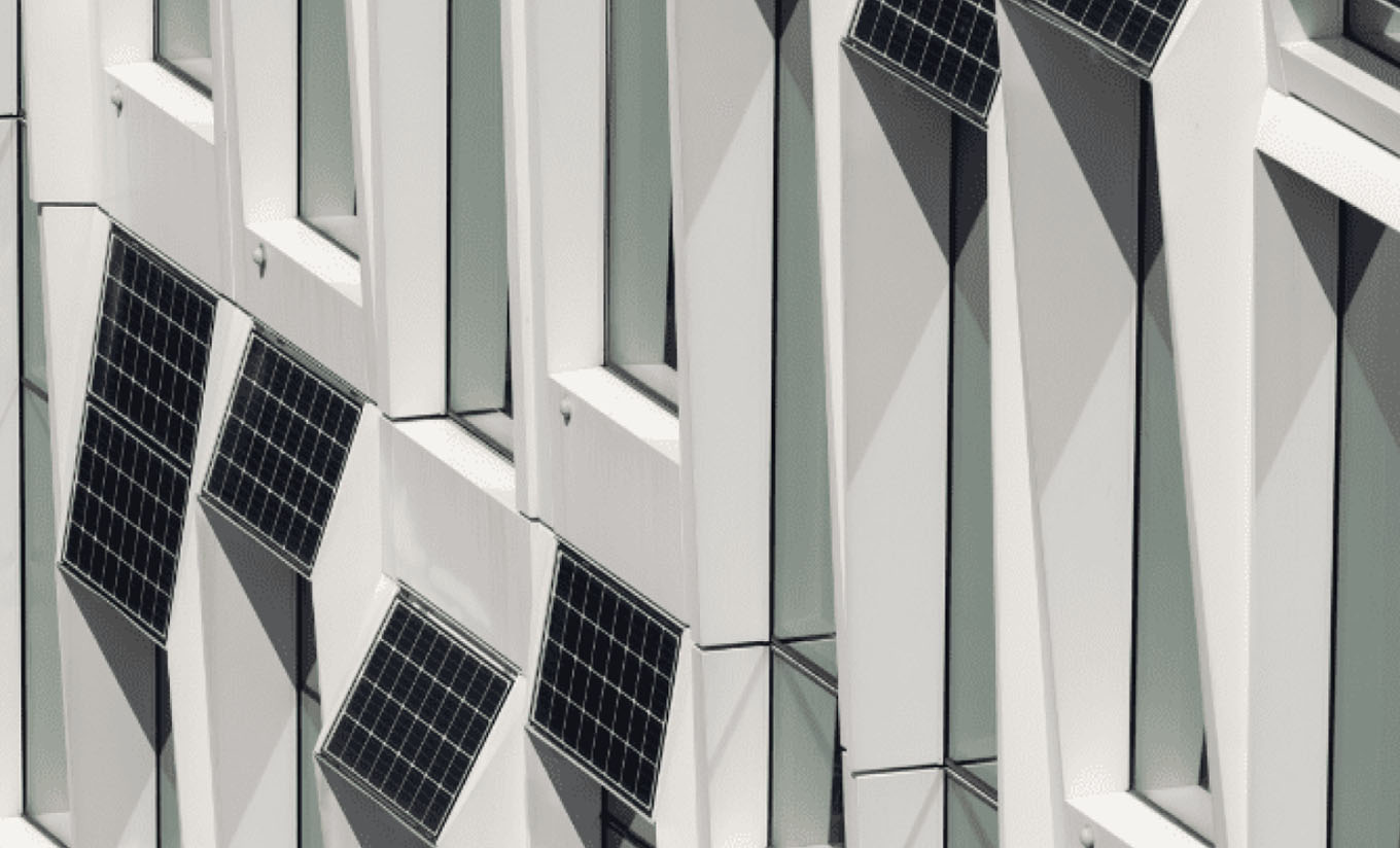 Hanwha Solutions Qcells Division's Q.PEAK solar panels attached to Hanwha headquarters building.