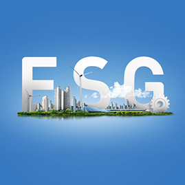 An illustration featuring the acronym ‘ESG’ appearing in large white letters atop a sustainable city with wind power generators, solar PV panels, skyscrapers, and rich greenery