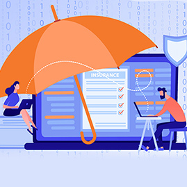 An illustration of a man and woman working on personal laptops. In the background, a larger-than-life blue laptop and orange umbrella are set against a blue backdrop featuring lines of code