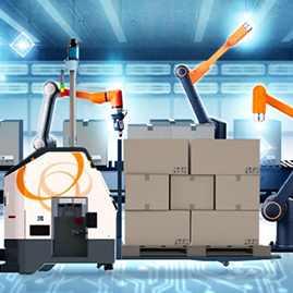 An illustration of three Hanwha Collaborative Robots working on a packaging assembly line in a factory