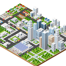 An 8-bit-like illustration of a city in aerial view featuring skyscrapers, roads, factories, houses, and a park