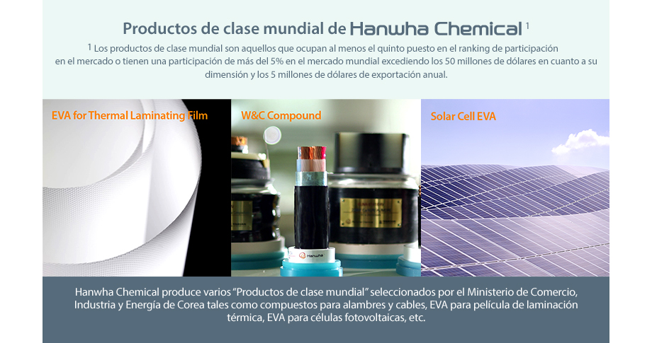 Hanwha Chemical produce varios “Productos de clase mundial” seleccionados por el Ministerio de Comercio, Industria y Energía de Corea tales como compuestos para alambres y cables, EVA para película de laminación térmica, EVA para células fotovoltaicas, etc.