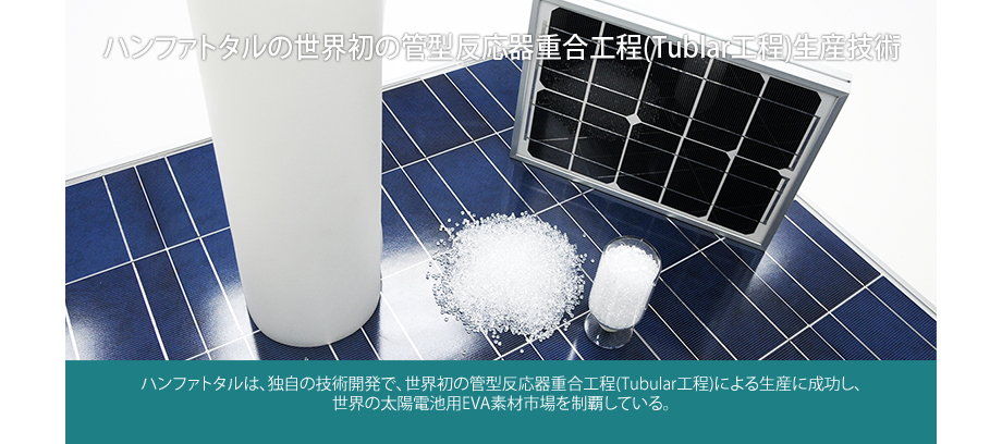 ハンファトタルは、独自の技術開発で、世界初の管型反応器重合工程(Tubular工程)による生産に成功し、世界の太陽電池用EVA素材市場を制覇している。