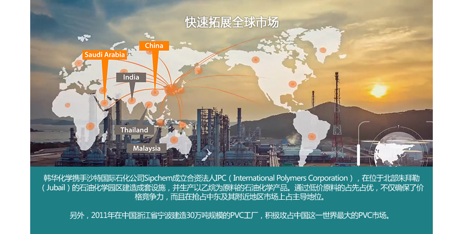 韩华化学携手沙特国际石化公司Sipchem成立合资法人IPC（International Polymers Corporation），在位于北部朱拜勒（Jubail）的石油化学园区建造成套设施，并生产以乙烷为原料的石油化学产品。通过低价原料的占先占优，不仅确保了价格竞争力，而且在抢占中东及其附近地区市场上占主导地位。  另外，2011年在中国浙江省宁波建造30万吨规模的PVC工厂，积极攻占中国这一世界最大的PVC市场。