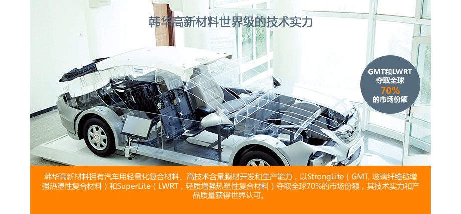 韩华高新材料拥有汽车用轻量化复合材料、高技术含量膜材开发和生产能力，以StrongLite（GMT, 玻璃纤维毡增强热塑性复合材料）和SuperLite（LWRT，轻质增强热塑性复合材料）夺取全球70%的市场份额，其技术实力和产品质量获得世界认可。