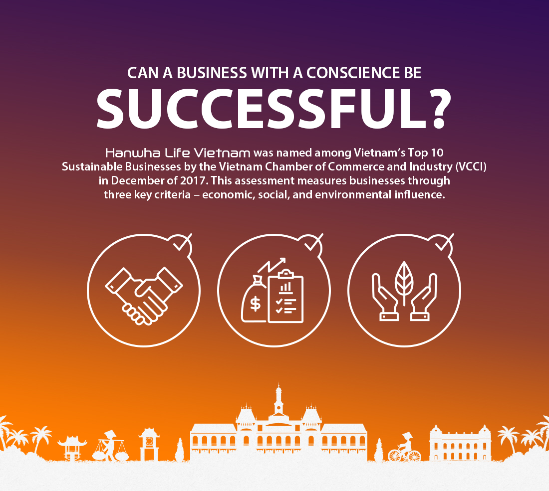 Can a business with a conscience be successful? Hanwha Life Vietnam was named among Vietnam's Top 10 Sustainable Businesses by the Vietnam Chamber of Commerce and Industry (VCCI) in December of 2017. This assessment measures businesses through three key criteria – economic, social, and environmental influence.