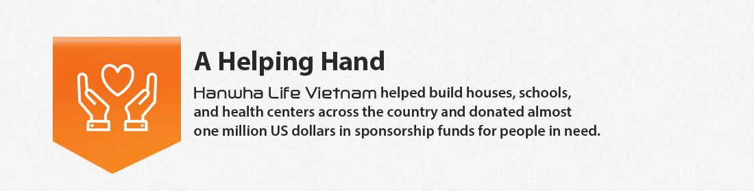 A Helping Hand : Hanwha Life Vietnam helped build houses, schools, and health centers across the country and donated almost one million US dollars in sponsorship funds for people in need.