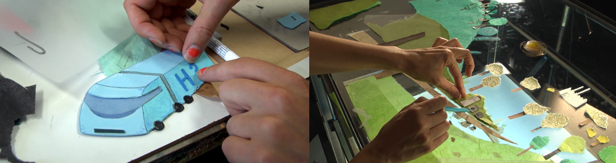An animator adjusts elements made of paper cutouts in preparation to film an animated scene for “What Color for Tomorrow?”
