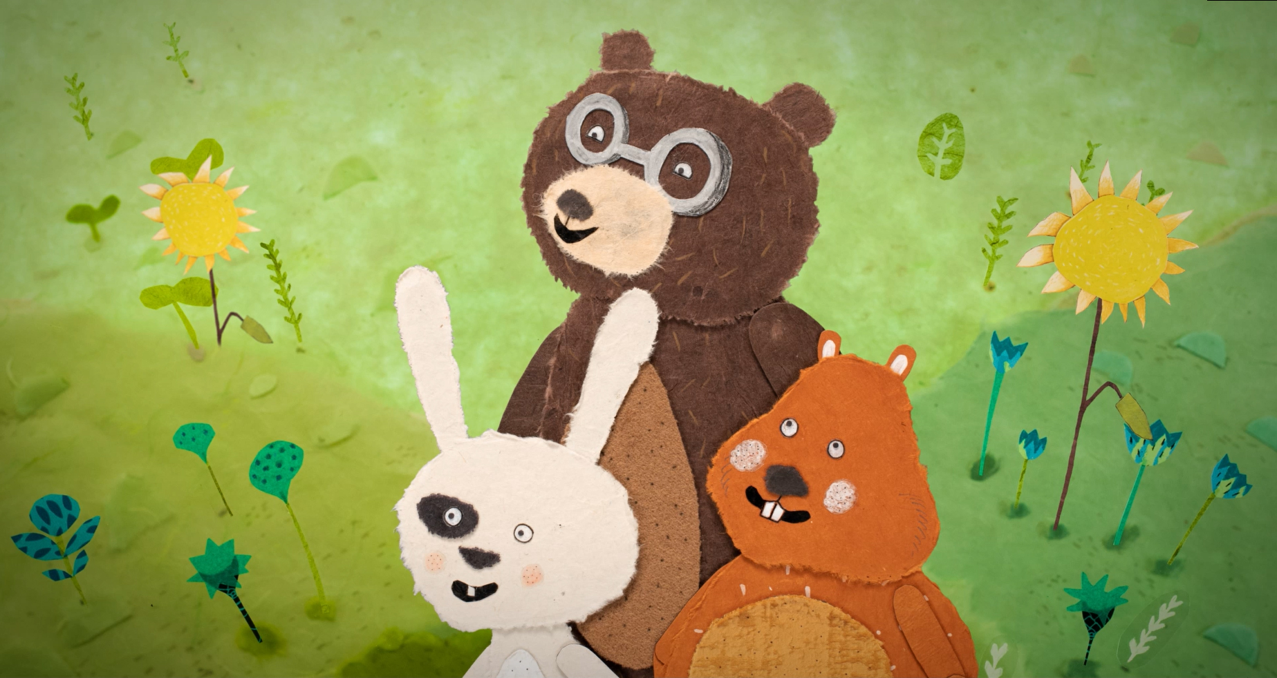 Thierry the Rabbit, Beaver and Bear smile in a scene from Hanwha's clean energy-focused film, “What Color for Tomorrow?”