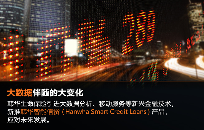 大数据伴随的大变化: 韩华生命保险引进大数据分析、移动服务等新兴金融技术，新推韩华智能信贷（Hanwha Smart Credit Loans）产品，应对未来发展。
