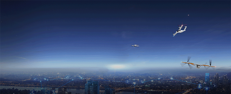 Personal air vehicle (PAV) the Butterfly soars over a bustling city, demonstrating the promise of net zero air travel