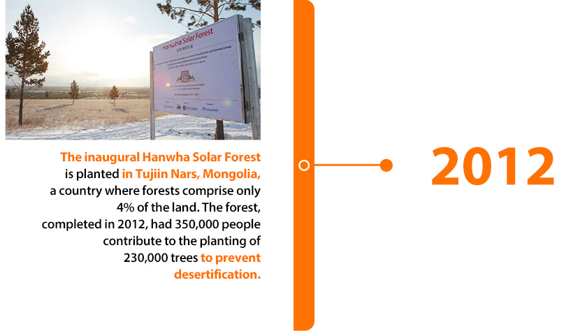 A Hanwha Solar Forest sign stands among trees on a sunny winter day, offering details on the program that fights climate change