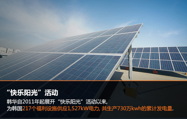 “快乐阳光”活动 : 韩华自2011年起展开“快乐阳光”活动以来, 为韩国217个福利设施供应1,527kW电力, 共生产730万kwh的累计发电量.