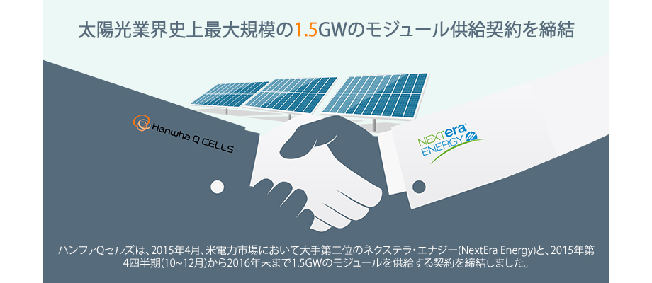 ハンファQセルズは、2015年4月、米電力市場において大手第二位のネクステラ・エナジー(NextEra Energy)と、 2015年第4四半期(10~12月)から2016年末まで1.5GWのモジュールを供給する契約を締結しました。