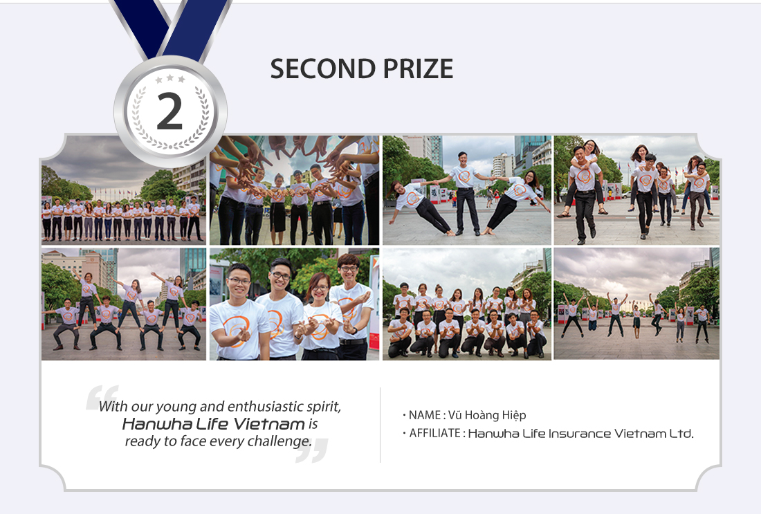 Second Prize: With our young and enthusiastic spirit, Hanwha Life Vietnam is ready to face every challenge. *Name : Vũ Hoàng Hiệp, *Affiliate : Hanwha Life Insurance Vietnam Ltd.