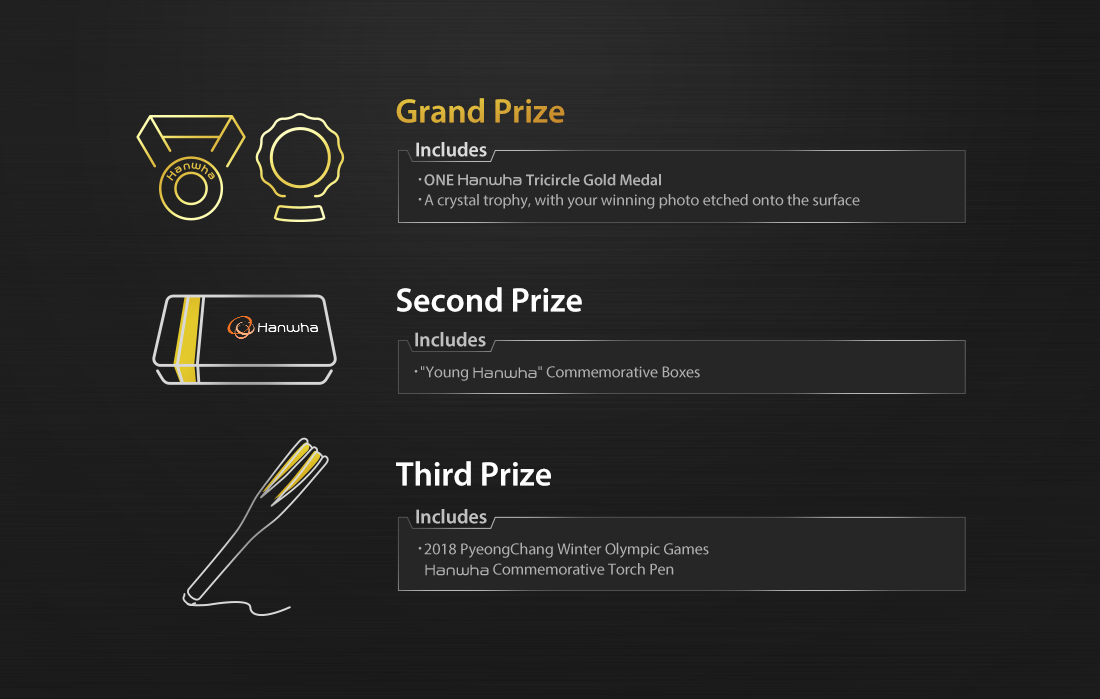 Grand Prize Includes: ·ONE Hanwha Tricircle Gold Medal ·A crystal trophy, with your winning photo etched onto the surface, Second Prize Includes: ·"Young Hanwha" Commemorative Boxes, Third Prize Includes: ·2018 PyeongChang Winter Olympic Games Hanwha Commemorative Torch Pen