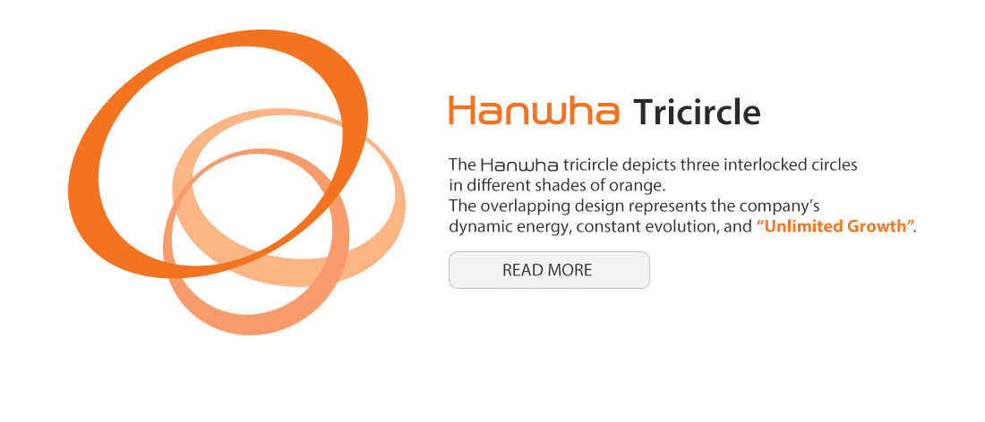 The Hanwha TRIcircle depicts three interlocked circles in different shades of orange. The overlapping design represents the company’s dynamic energy, constant evolution, and “Unlimited Growth”.