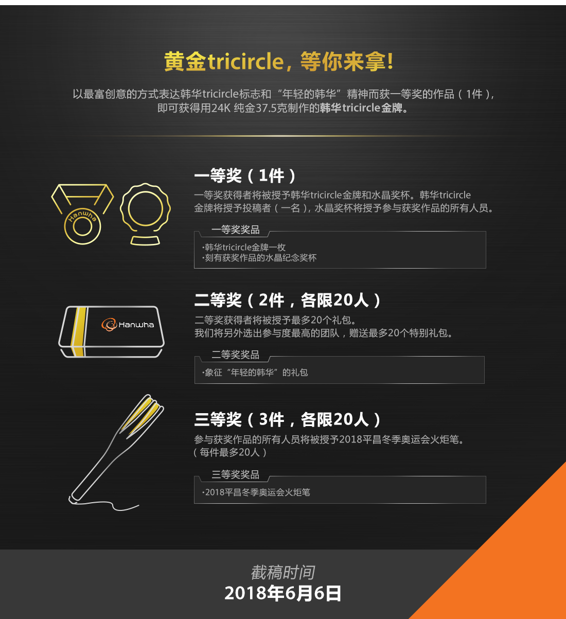 以最富创意的方式表达韩华TRIcircle标志和“年轻的韩华”精神而获一等奖的作品(1件), 即可获得用24K 纯金37.5克制作的韩华TRIcircle金牌。