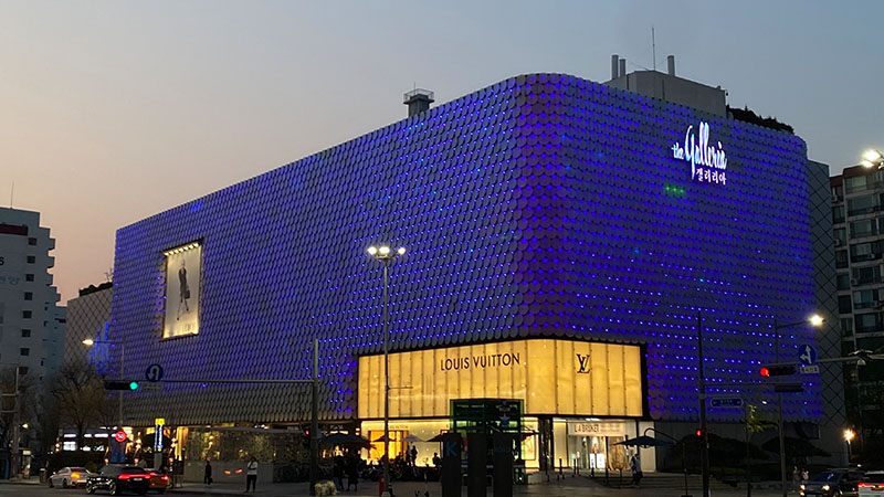 The outer facade of Galleria Luxury Hall illuminated in hundreds of blue lights in honor of World Autism Awareness Day.