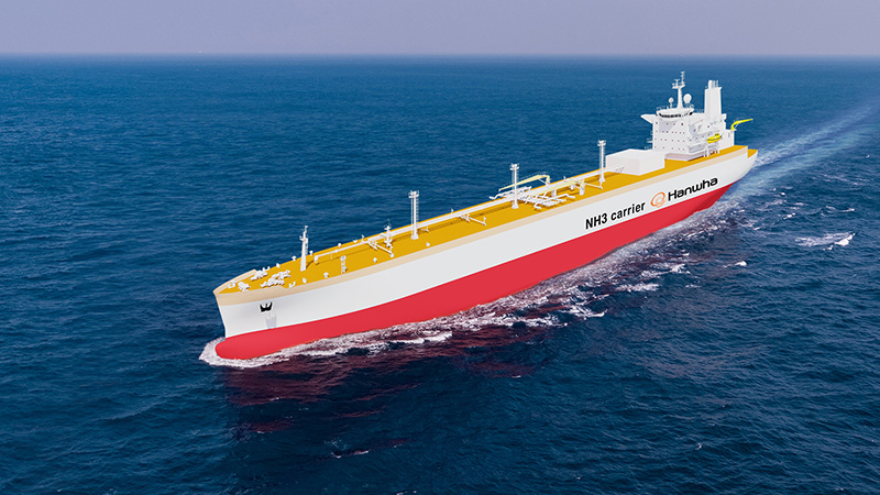 A rendering from Hanwha Ocean shows one of the company’s 93,000 cubic meter very large ammonia carriers ordered by Naftomar.