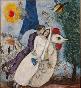“Les mariés de la Tour Eiffel” by Marc Chagall is on display at the Centre Pompidou.