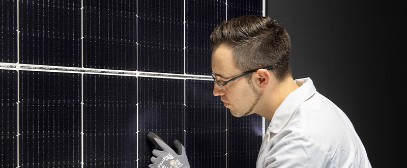 A Hanwha Qcells Employee carefully inspecting PV modules.