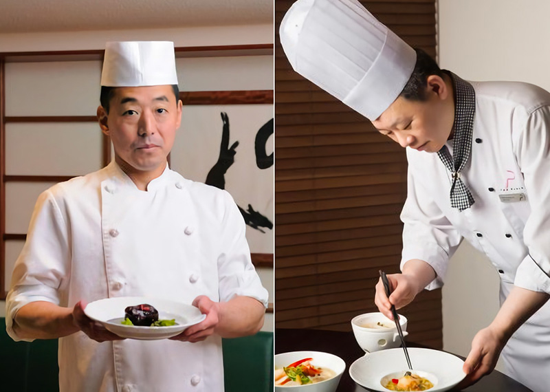 首尔广场酒店首席厨师曲圣乐（左）和御田町桃之木店主兼主厨小林武志（右）在首尔广场酒店的中华料理店桃园合作推出高级料理。
