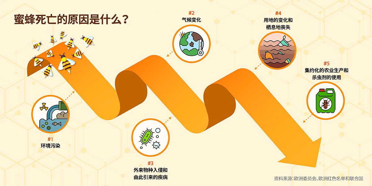 Climate change,environmental pollution,invasive alien species and diseases,loss of habitats and intensive pesticides use threaten the population of bees.
