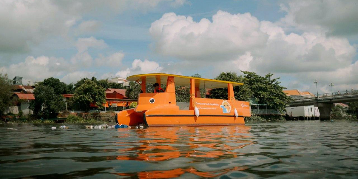 A boat powered by solar energy cleans up the Mekong River