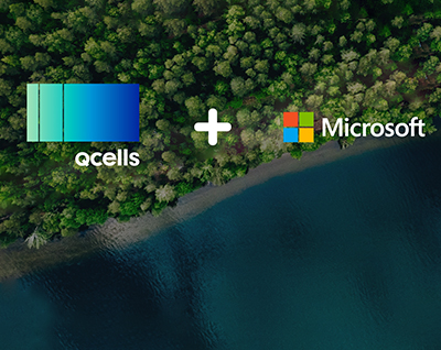 Hanwha Qcells and Microsoft logos set against a forest coastline aerial backdrop featuring green treetops and deep blue water.
