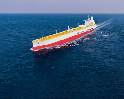 A rendering from Hanwha Ocean shows one of the company’s 93,000 cubic meter very large ammonia carriers ordered by Naftomar.