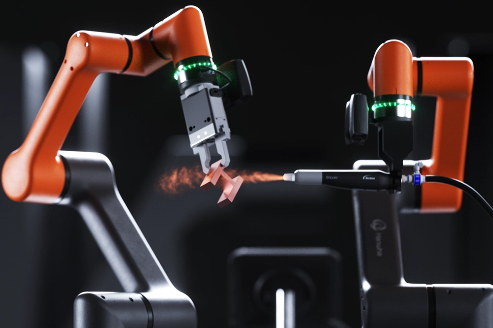 Hanwha collaborative robot performing mobile manipulation with dual robotic arms in an industrial setting