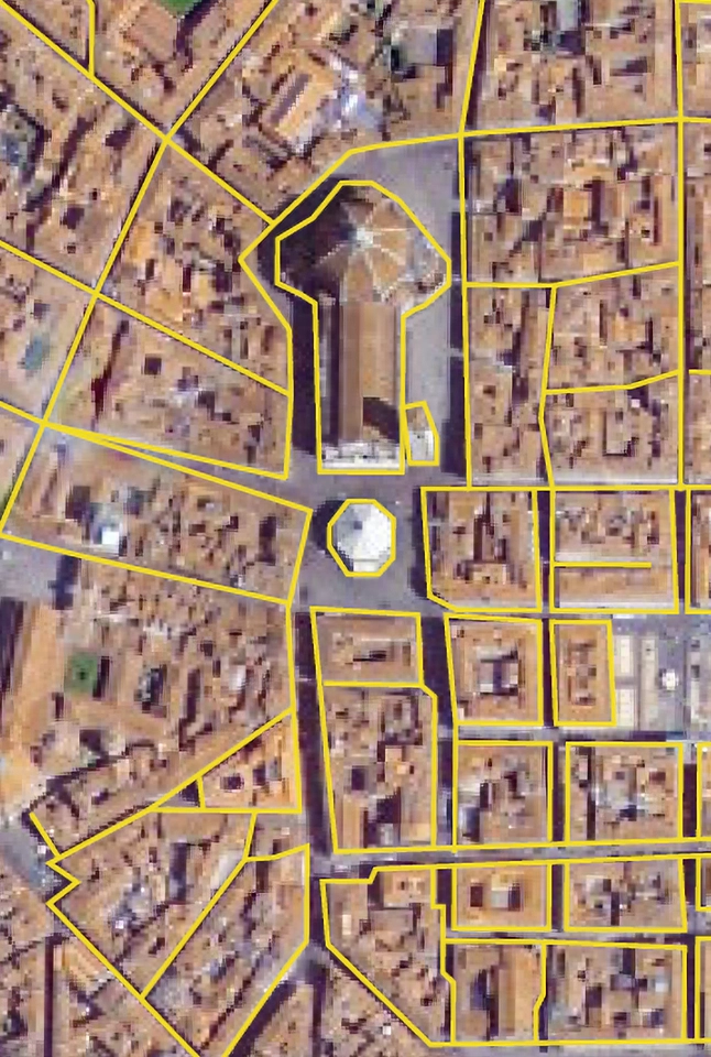 Satellite image with overlaid boundaries used for mapping and generating accurate DEM/DSM data in urban environments