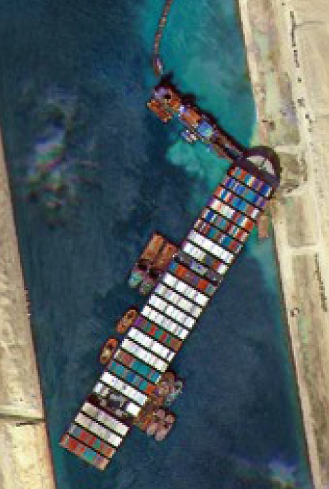 Example satellite image showing maritime vessel blockage, illustrating use case for illegal activity and accident detection