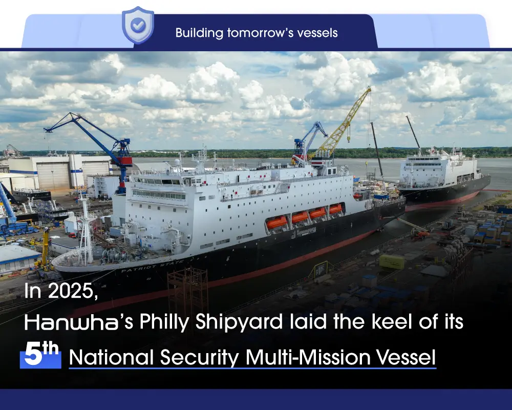 In 2025, Hanwha’s Philly Shipyard laid the keel for its fifth National Security Multi-Mission Vessel