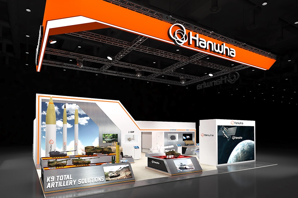 A wide view of the Hanwha booth at DSEI 2025