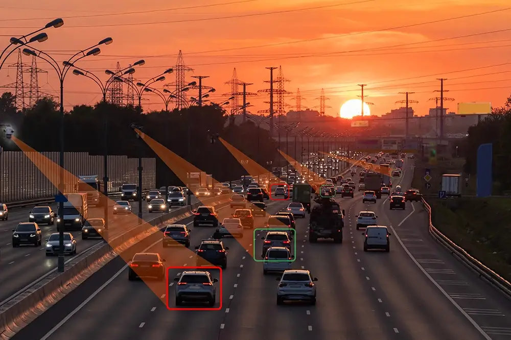 Cars getting scanned by security cameras while driving westward on a highway at sunset