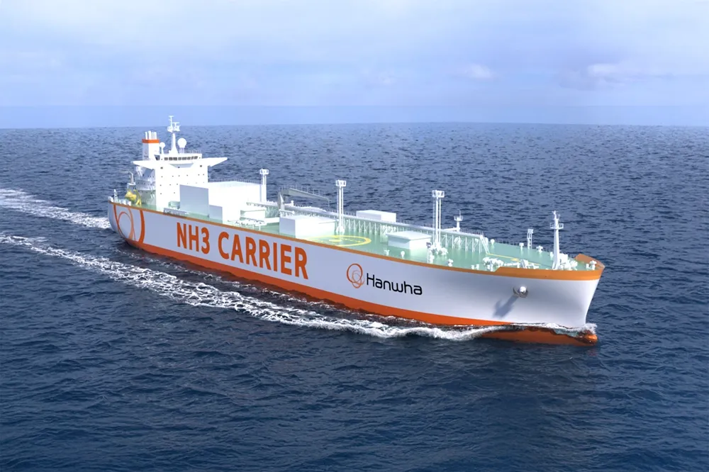 Mockup of Hanwha’s ammonia carrier vessel showcasing zero-carbon maritime fuel transport design. 