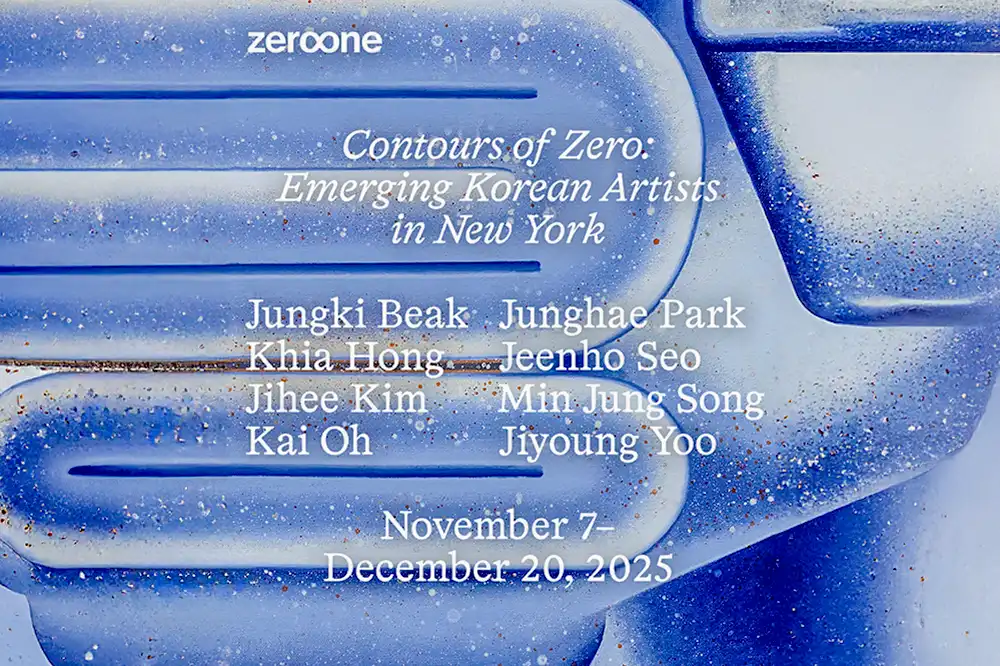 A blue poster of the inaugural exhibit, “Contours of Zero: Emerging Korean Artists in New York.”