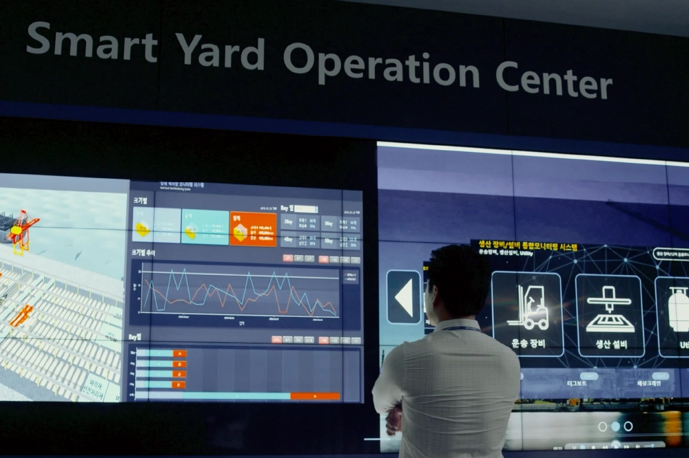 A dual graphic with two men with hard hats walking through a construction site and large monitors at the Smart Yard Operation Center. 