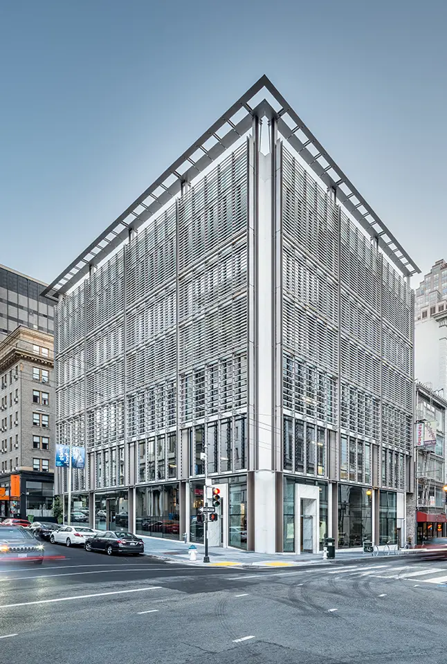 Hanwha AI Center in San Francisco with surrounding traffic and pedestrians.